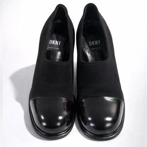DKNY Leather& Neoprene Cap-Toe Slip-On Heels, Black, 7.5, GUC